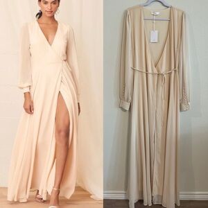 Lulu's Women Maxi Dress XL Whole Heart Wrap Champagne Flowy Ethereal Preppy